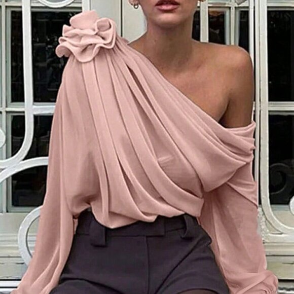 Tops - Baby Pink Elegant Women's Irregular Shoulder Shirt With 3d Flower Decoration
